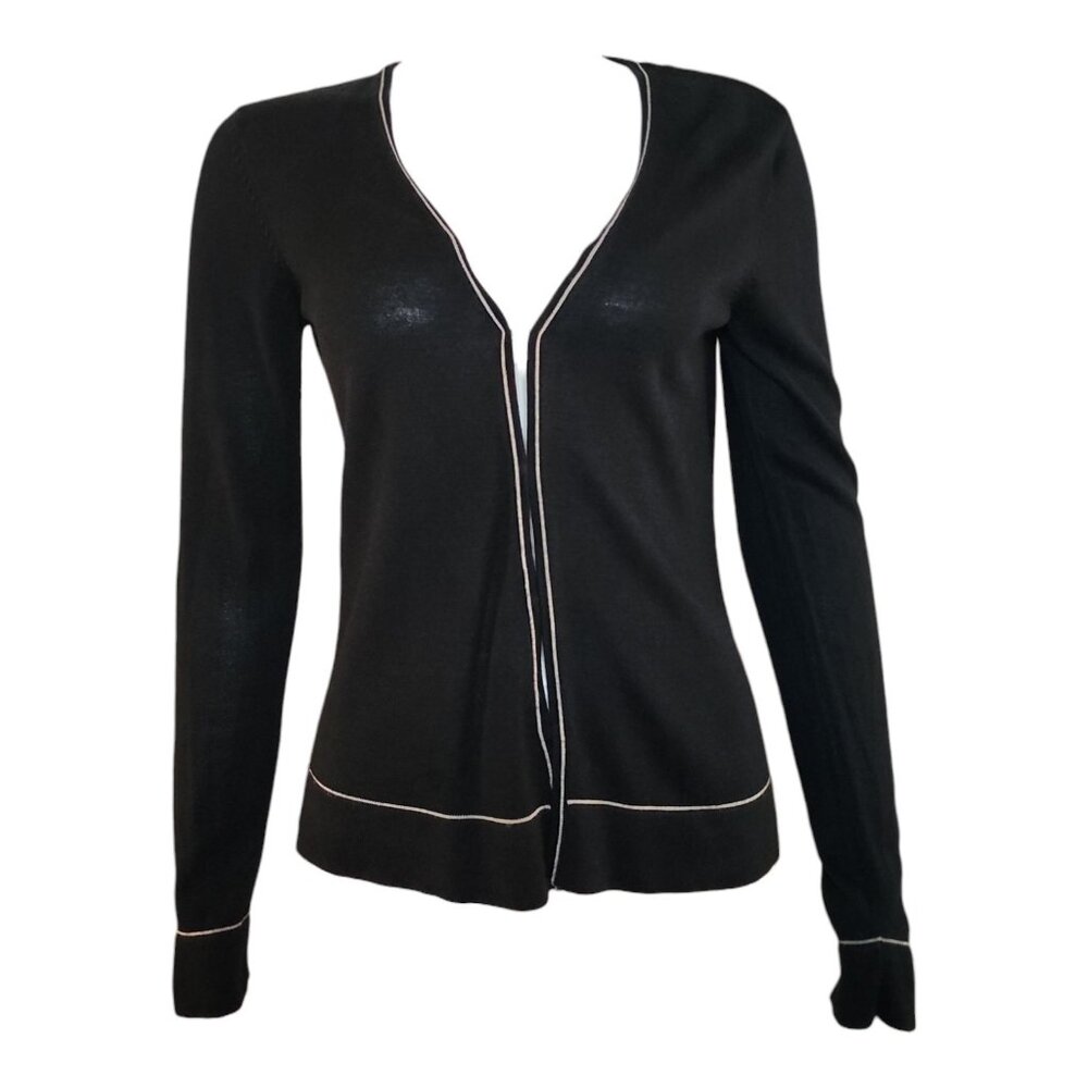 Alfani Cardigan Womens S‎ Small Black White Trim 100% Silk Classic Minimalist